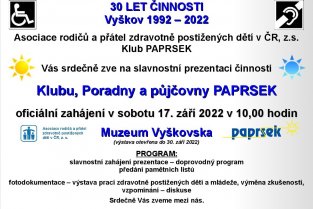POZVÁNKA - OSLAVY 30. VÝROČÍ PAPRSKU VYŠKOV
